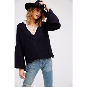 Free People “Lovely Lines” Long Wide Bell Sleeve V Neck Dark Eggplant Size L